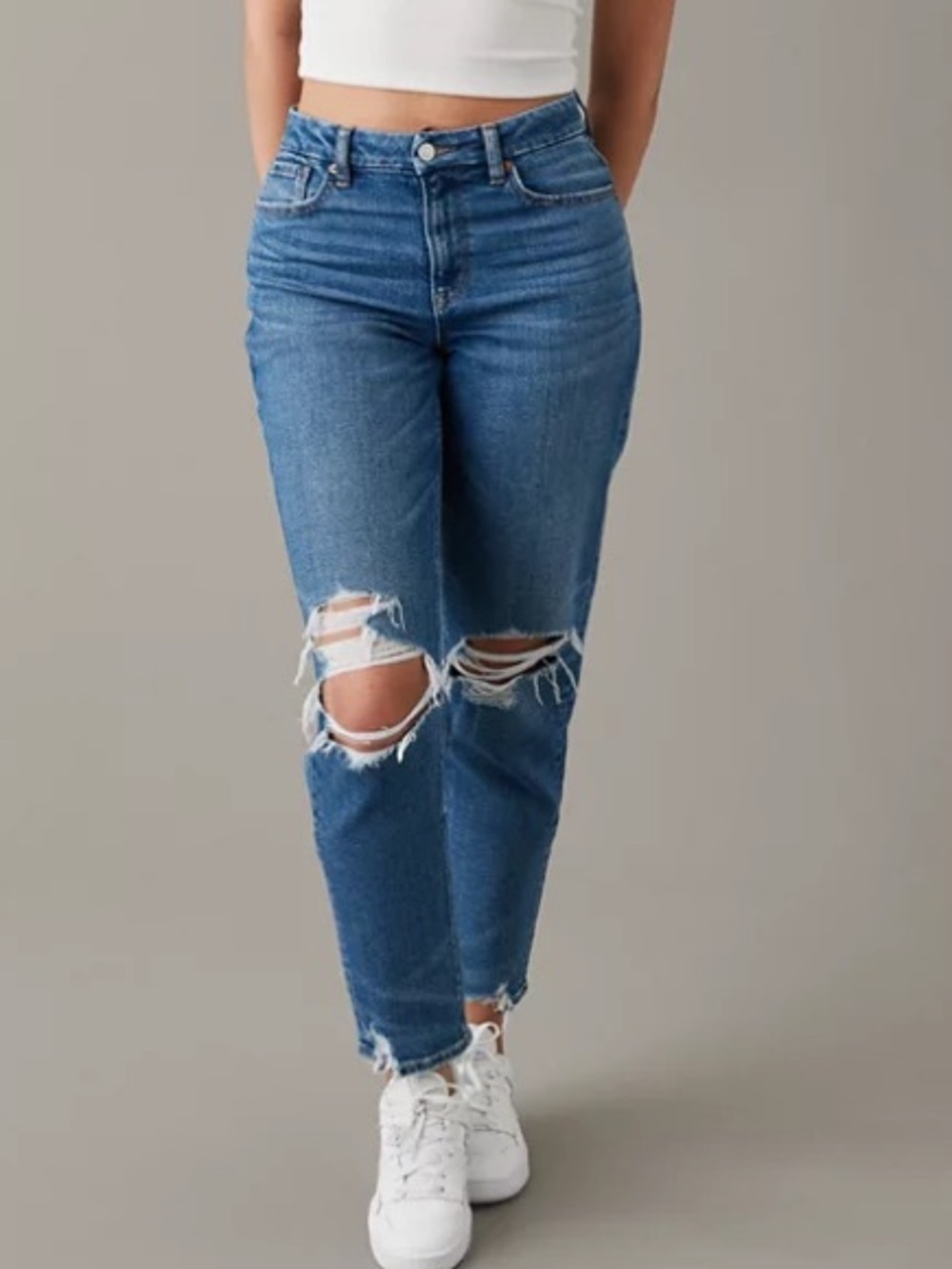 American Eagle Torn Knees Raw Hem Curvy Mom Jean